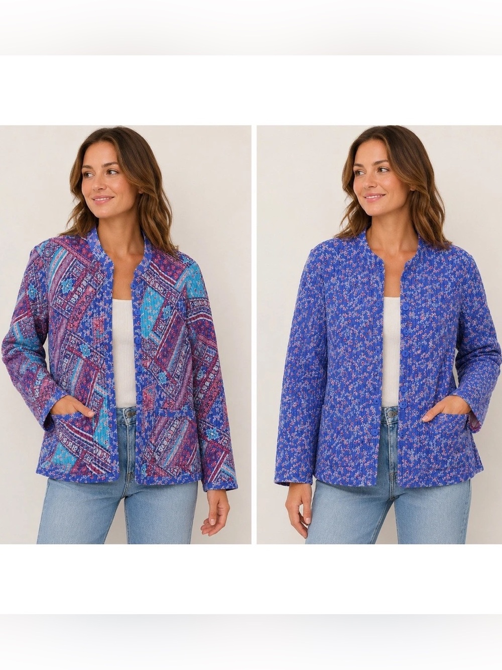 Reversible Blue & Purple Quilted Jacket Paisley, Floral Boho Cottagecore Grandma